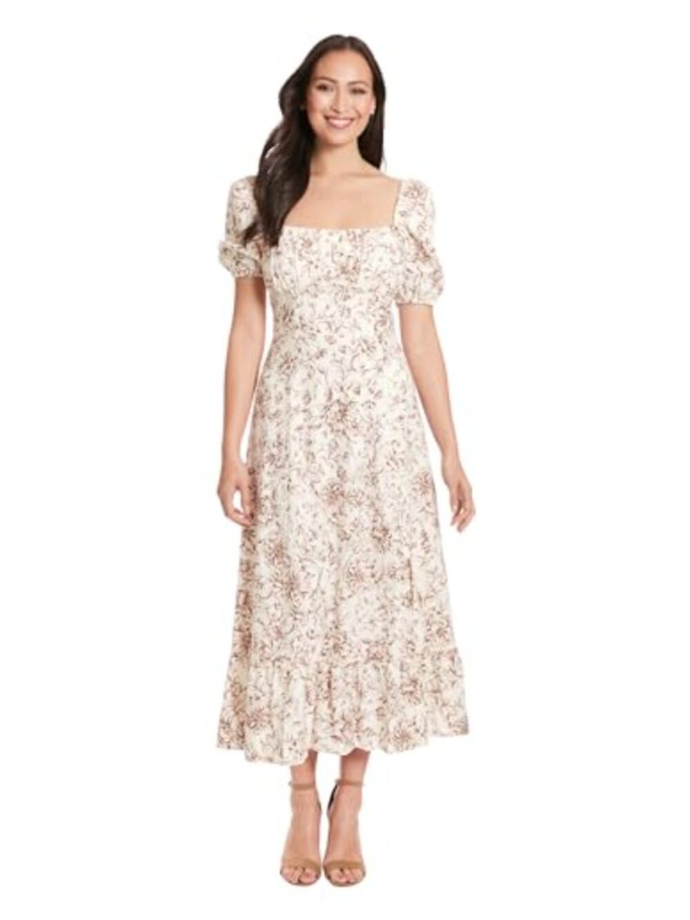 London Times Square Neck Smocked Back Midi Dress Linen Rayon Floral Puff Sleeve